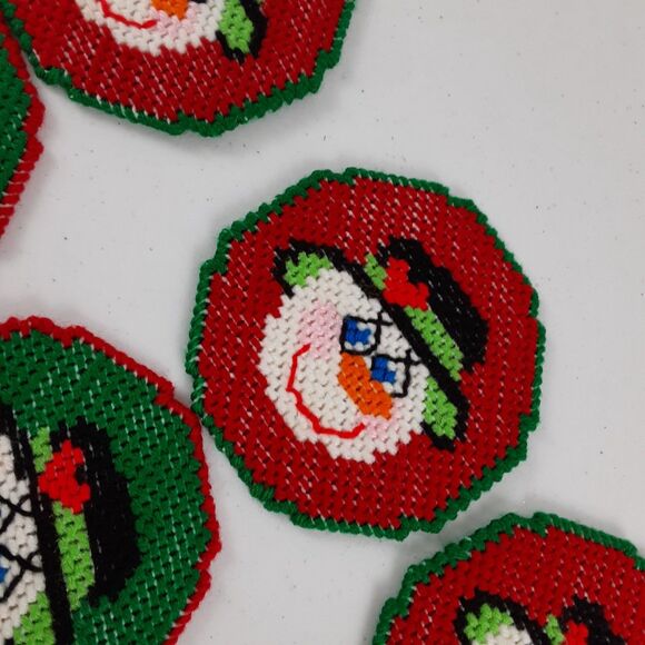 Vintage Handmade Needlepoint Canvas Christmas Coasters with Holder 9 Pc Snowmen - Picture 7 of 16